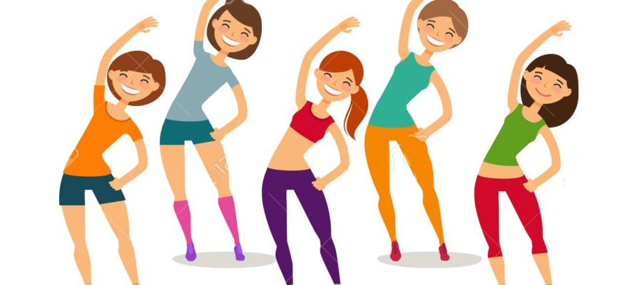 Sport, aerobics concept. Group of people engaged fitness in gym. Cartoon vector illustration
